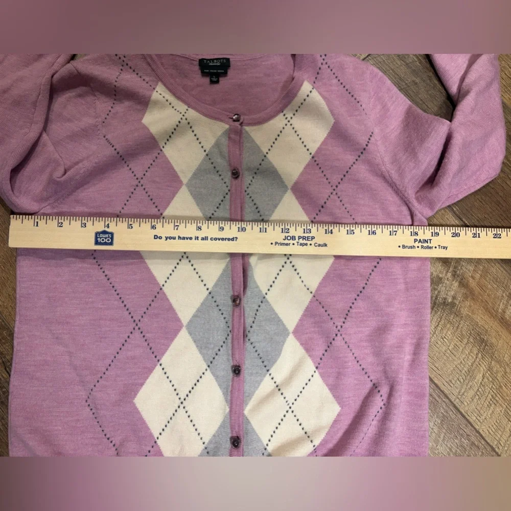 Talbots Argyle Cardigan L 100% Merino Wool Jewel Button Pink Gray Preppy Classic